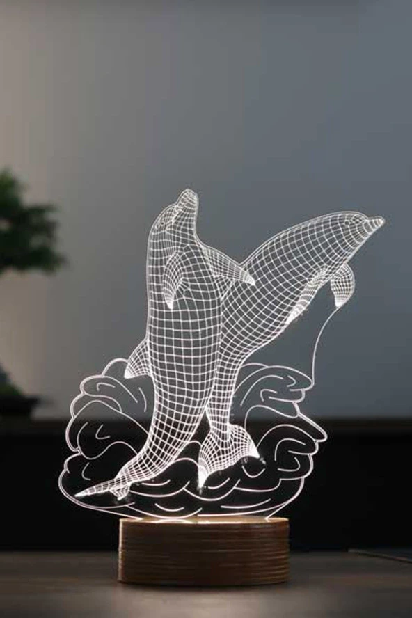 BY-LAMP Yunuslar Figürlü Dekoratif Hediye Led Masa Lambası | 7 Işık Rengi | Ahşap Taban ürün görseli 1