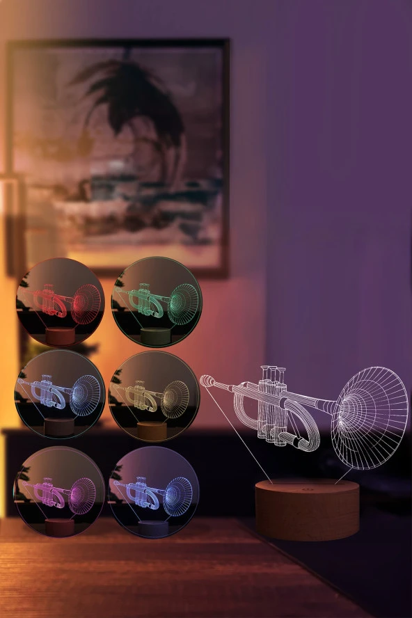 BY-LAMP Trompet Figürlü Dekoratif Hediye Led Masa Lambası | 7 Işık Rengi | Ahşap Taban - Resim 2