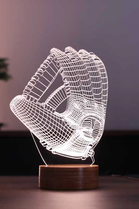 BY-LAMP Beyzbol Eldiveni Figürlü Dekoratif Hediye Led Masa Lambası | 7 Işık Rengi | Ahşap Taban ürün görseli 1