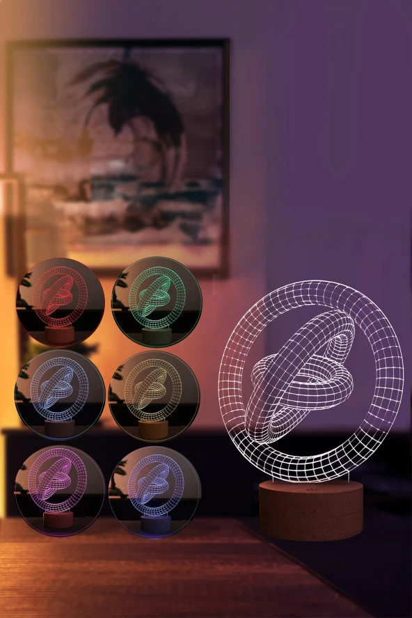 BY-LAMP Satürn Yüzükler Figürlü Dekoratif Hediye Led Masa Lambası | 7 Işık Rengi | Ahşap Taban - Resim 2