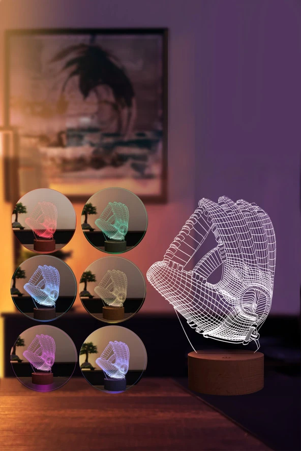 BY-LAMP Beyzbol Eldiveni Figürlü Dekoratif Hediye Led Masa Lambası | 7 Işık Rengi | Ahşap Taban - Resim 2
