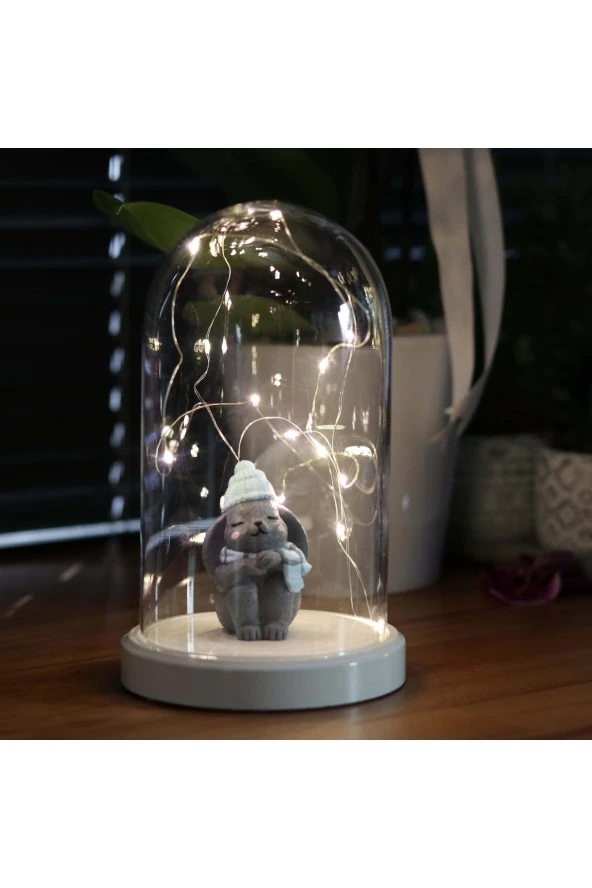 BY-LAMP Işıklı Fanus Mavi Şapkalı Tavşan Figürlü Gece Lambası Çocuk Odası Hediye Lamba - 4