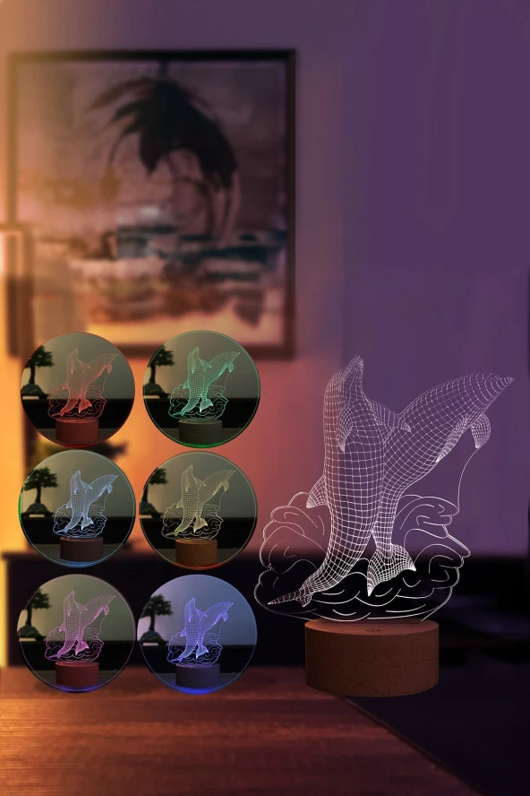 BY-LAMP Yunuslar Figürlü Dekoratif Hediye Led Masa Lambası | 7 Işık Rengi | Ahşap Taban - Resim 2