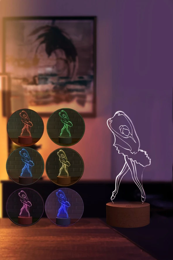 BY-LAMP Balerin Figürlü Dekoratif Hediye Led Masa Lambası | 7 Işık Rengi | Ahşap Taban - Resim 3