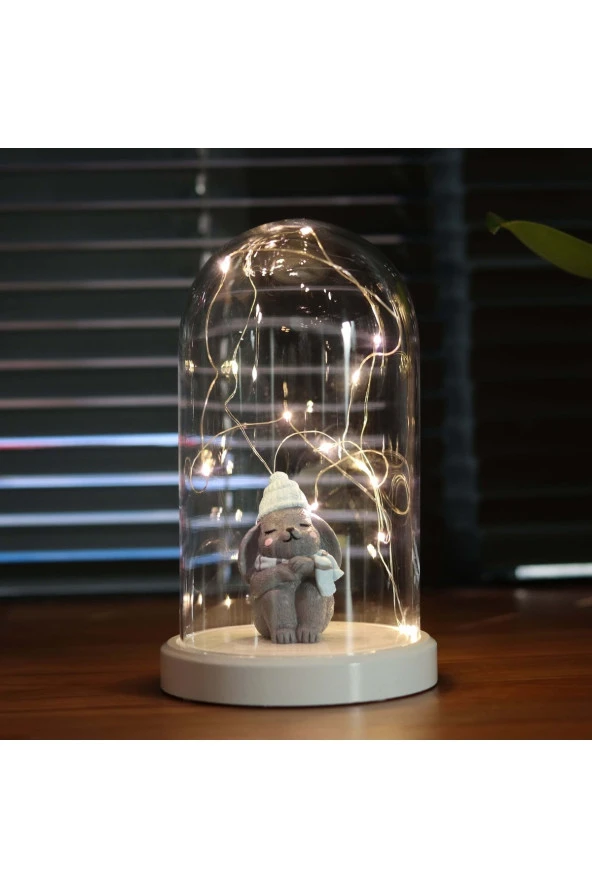 BY-LAMP Işıklı Fanus Mavi Şapkalı Tavşan Figürlü Gece Lambası Çocuk Odası Hediye Lamba