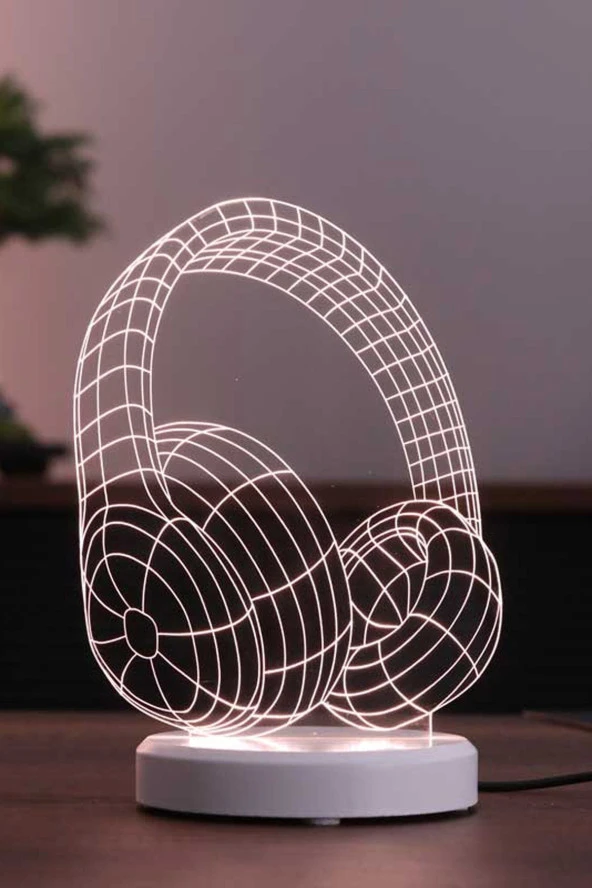 BY-LAMP Kulaklık Figürlü Led Masa Lambası | Gün Işığı Renk | Ahşap Beyaz Taban