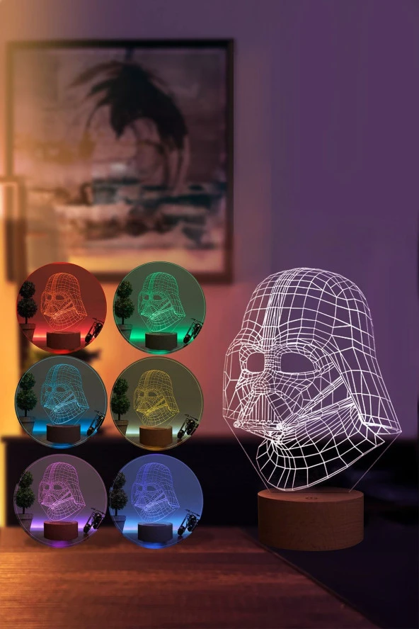 BY-LAMP Darth Vader Figürlü Dekoratif Hediye Led Masa Lambası | 7 Işık Rengi | Ahşap Taban - Resim 2