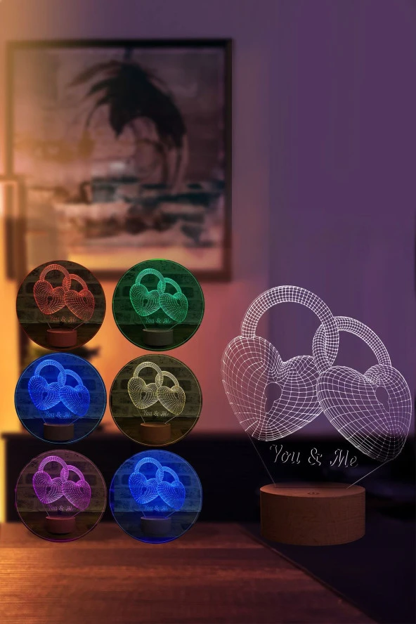 BY-LAMP Kalp Anahtarı Led Masa Lambası Ahşap Taban 7 Farklı Işık Renkli Hediye Dekoratif Aydınlatma - Resim 2