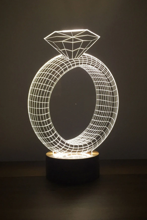 BY-LAMP Yüzük Figürlü Dekoratif Hediye Led Masa Lambası | 7 Işık Rengi | Ahşap Taban