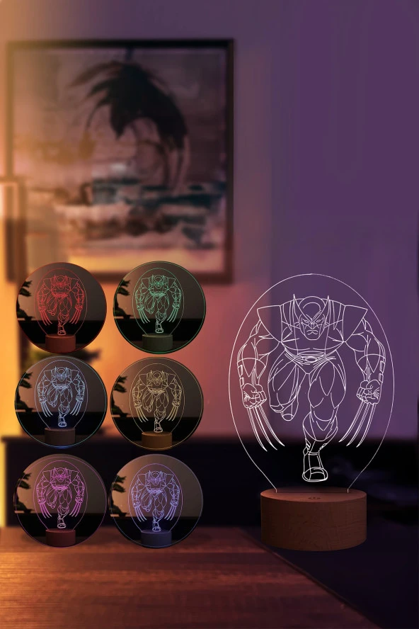 BY-LAMP Wolverine Figürlü Dekoratif Hediye Led Masa Lambası | 7 Işık Rengi | Ahşap Taban - Resim 2