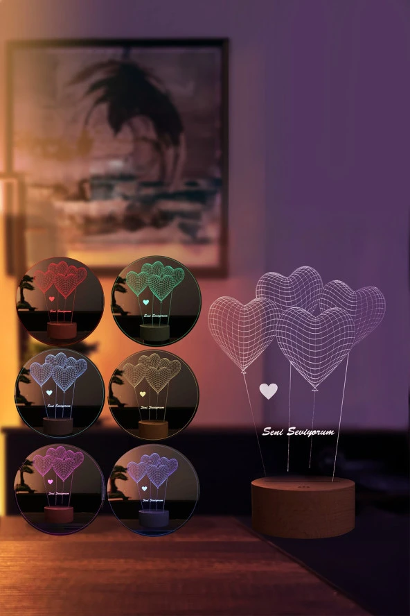 BY-LAMP Sevgiliye Kalp Seni Seviyorum Led Masa Lambası - Ahşap Tabanlı 7 Renkli Işık Gece Lambası Hediyesi - Resim 2