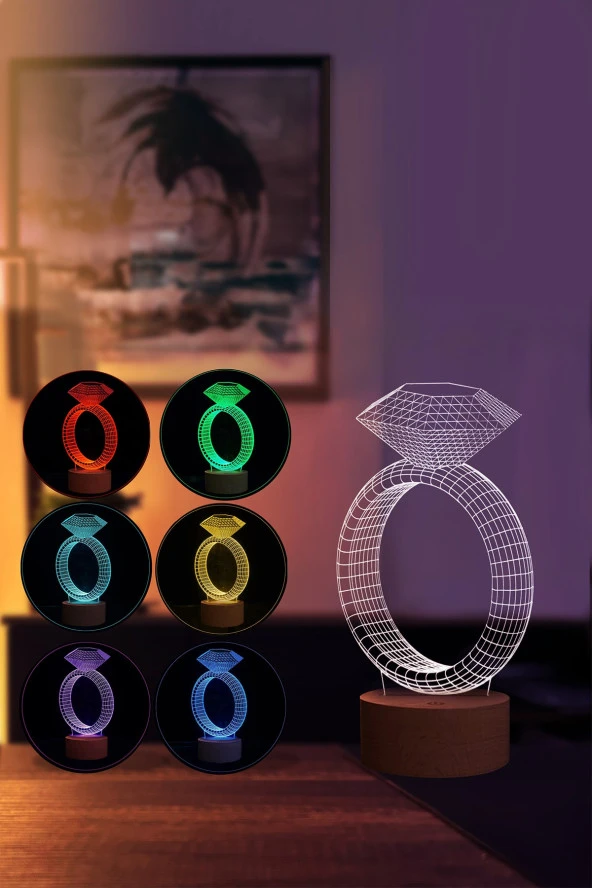 BY-LAMP Yüzük Figürlü Dekoratif Hediye Led Masa Lambası | 7 Işık Rengi | Ahşap Taban - 2