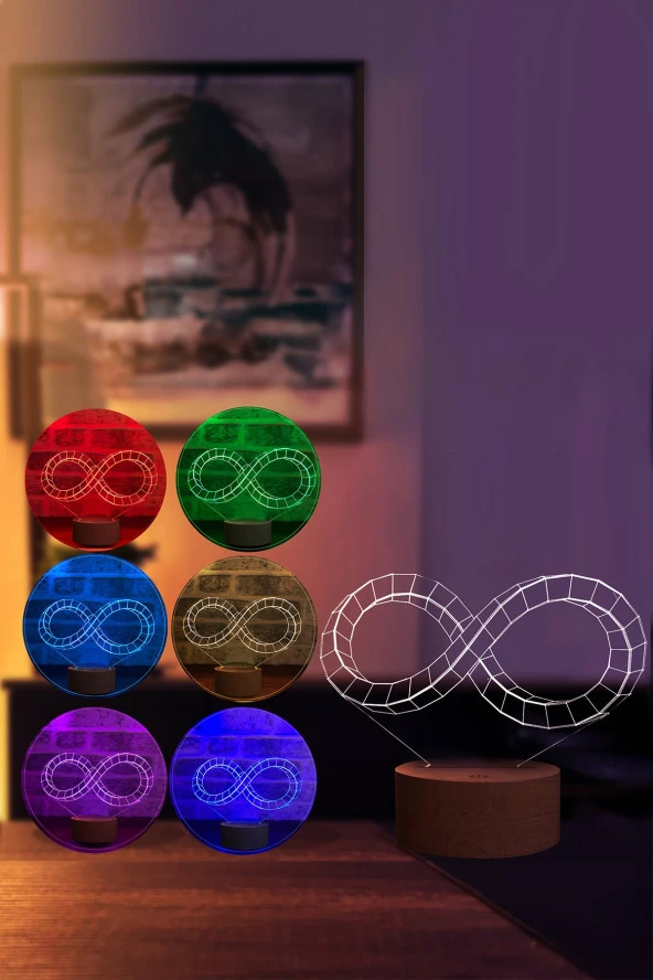 BY-LAMP Sonsuzluk Işareti Figürlü Dekoratif Hediye Led Masa Lambası | 7 Işık Rengi | Ahşap Taban - Resim 2