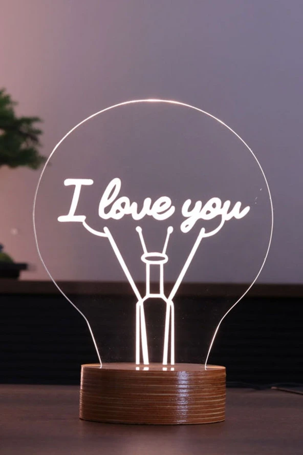 BY-LAMP Seni Seviyorum Figürlü Dekoratif Hediye Led Masa Lambası | 7 Işık Rengi | Ahşap Taban