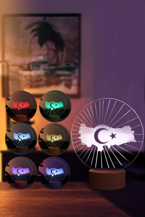 BY-LAMP Türkiye Haritası Figürlü Dekoratif Hediye Led Masa Lambası | 7 Işık Rengi | Ahşap Taban - Resim 2