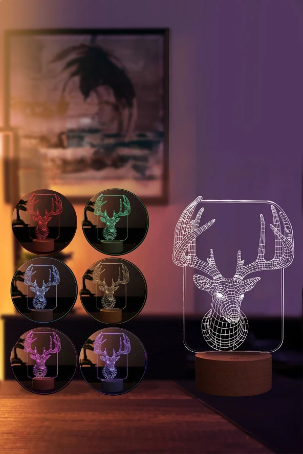 BY-LAMP Geyik Çerçeve Led Masa Lambası Ahşap Taban 7 Farklı Işık Renkli Gece Lambası Dekoratif Aydınlatma - Resim 2