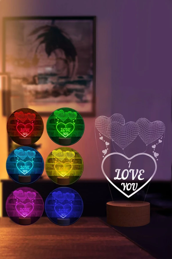 BY-LAMP Üç Kalp I Love You Figürlü Dekoratif Hediye Led Masa Lambası | 7 Işık Rengi | Ahşap Taban - Resim 2