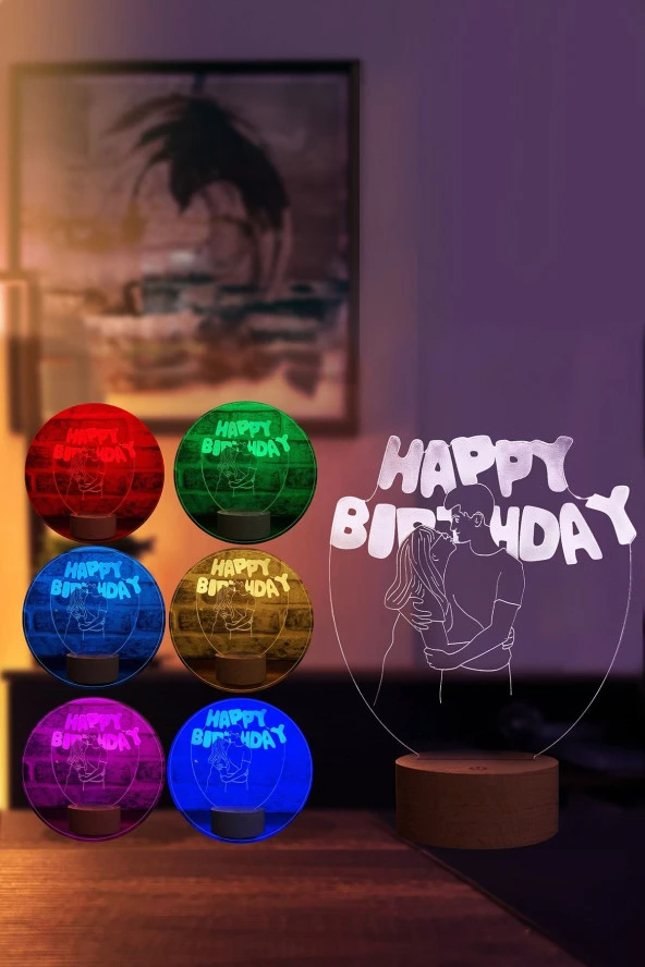 BY-LAMP Happy Birthday Figürlü Dekoratif Hediye Led Masa Lambası | 7 Işık Rengi | Ahşap Taban - Resim 2