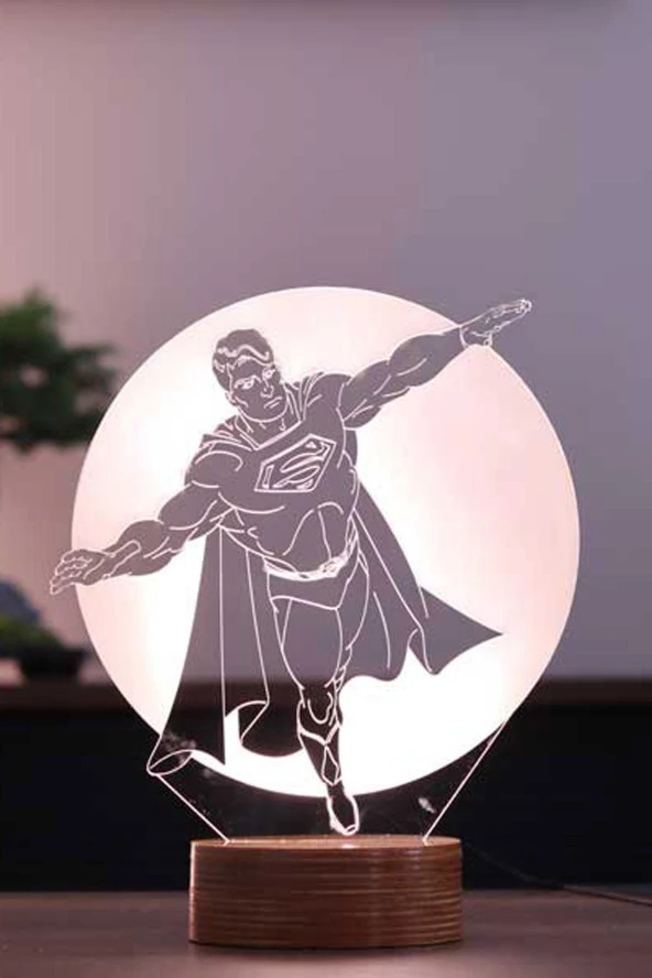 BY-LAMP Superman Figürlü Dekoratif Hediye Led Masa Lambası | 7 Işık Rengi | Ahşap Taban