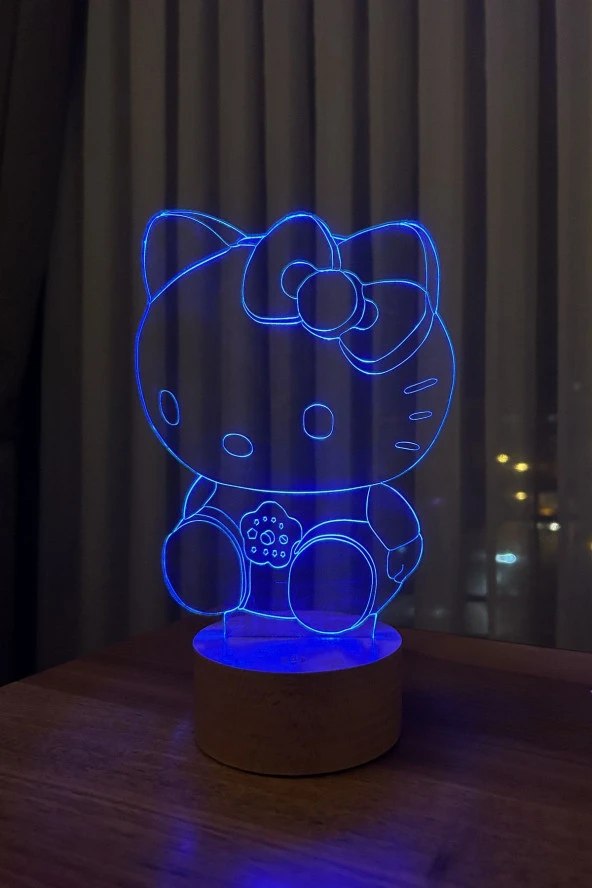 BY-LAMP Hello Kitty Figürlü Dekoratif Hediye Led Masa Lambası | 7 Işık Rengi | Ahşap Taban - 4