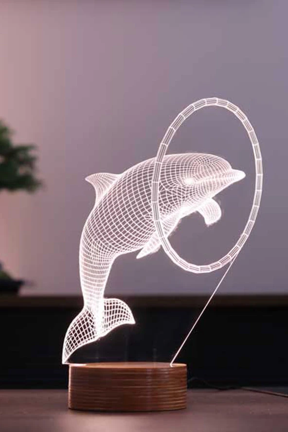 BY-LAMP Yunus Balığı Figürlü Dekoratif Hediye Led Masa Lambası | 7 Işık Rengi | Ahşap Taban ürün görseli 1