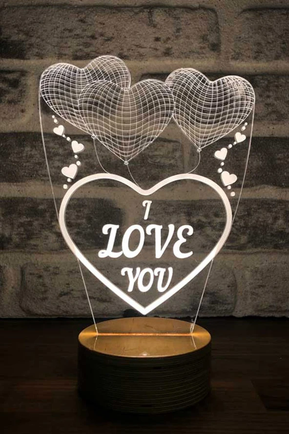 BY-LAMP Üç Kalp I Love You Figürlü Dekoratif Hediye Led Masa Lambası | 7 Işık Rengi | Ahşap Taban
