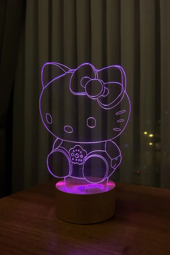 BY-LAMP Hello Kitty Figürlü Dekoratif Hediye Led Masa Lambası | 7 Işık Rengi | Ahşap Taban