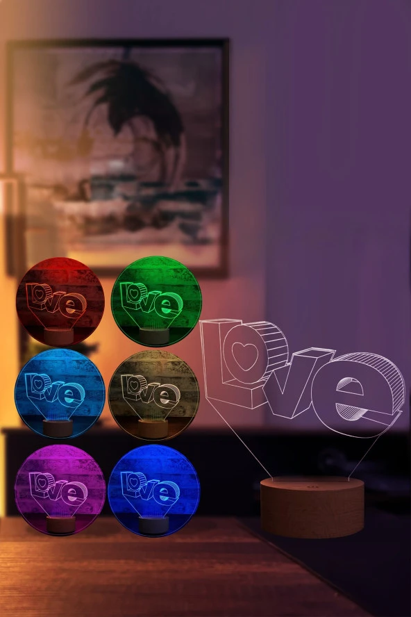 BY-LAMP Love Led Masa Lambası Ahşap Taban 7 Farklı Işık Renkli Gece Lambası Hediye Dekoratif Aydınlatma - Resim 2