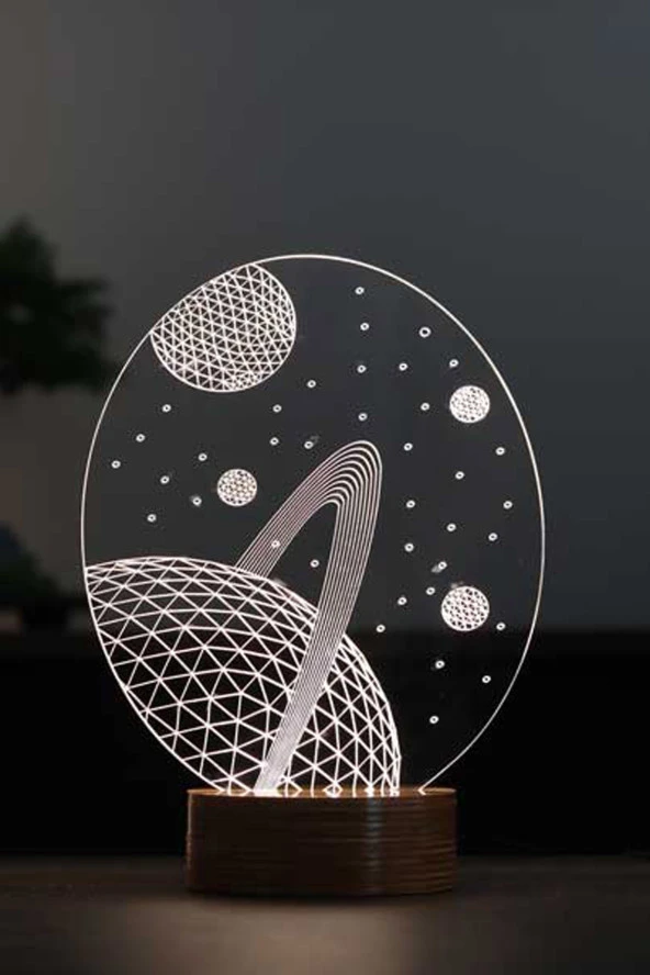 BY-LAMP Satürn Figürlü Dekoratif Hediye Led Masa Lambası | 7 Işık Rengi | Ahşap Taban