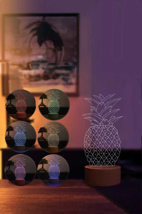 BY-LAMP Pineapple Figürlü Dekoratif Hediye Led Masa Lambası | 7 Işık Rengi | Ahşap Taban - Resim 2