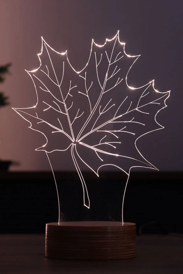 BY-LAMP Çınar Yaprağı Figürlü Dekoratif Hediye Led Masa Lambası | 7 Işık Rengi | Ahşap Taban
