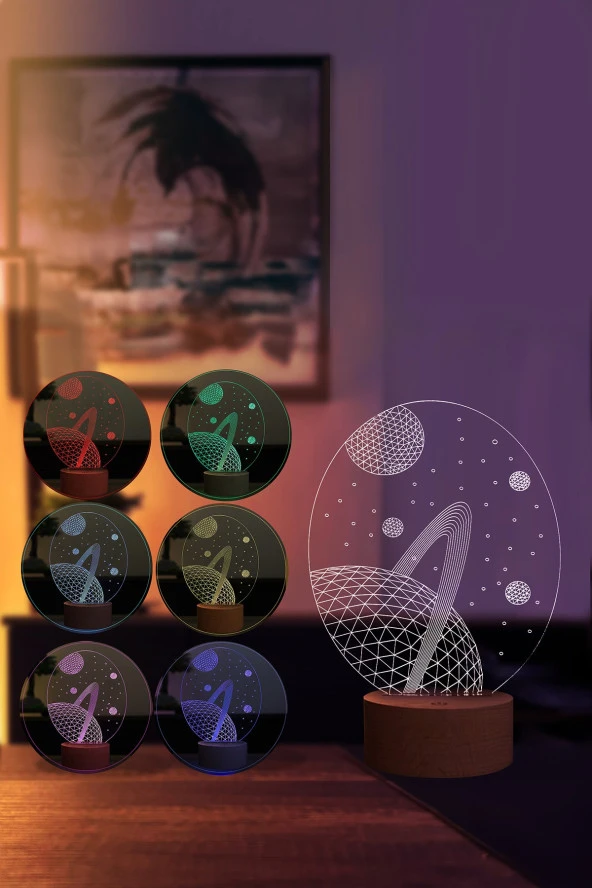 BY-LAMP Satürn Figürlü Dekoratif Hediye Led Masa Lambası | 7 Işık Rengi | Ahşap Taban - Resim 2