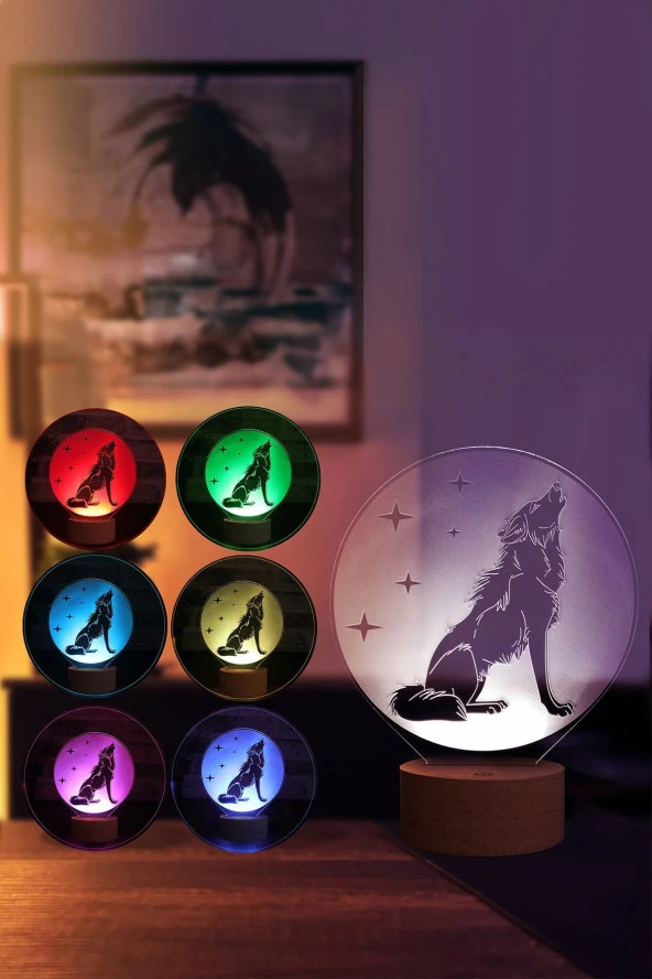 BY-LAMP Kurt Ve Yıldızlar Led Masa Lambası Ahşap Taban 7 Farklı Işık Renkli Hediye Dekoratif Aydınlatma - Resim 2