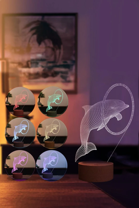 BY-LAMP Yunus Balığı Figürlü Dekoratif Hediye Led Masa Lambası | 7 Işık Rengi | Ahşap Taban - Resim 2