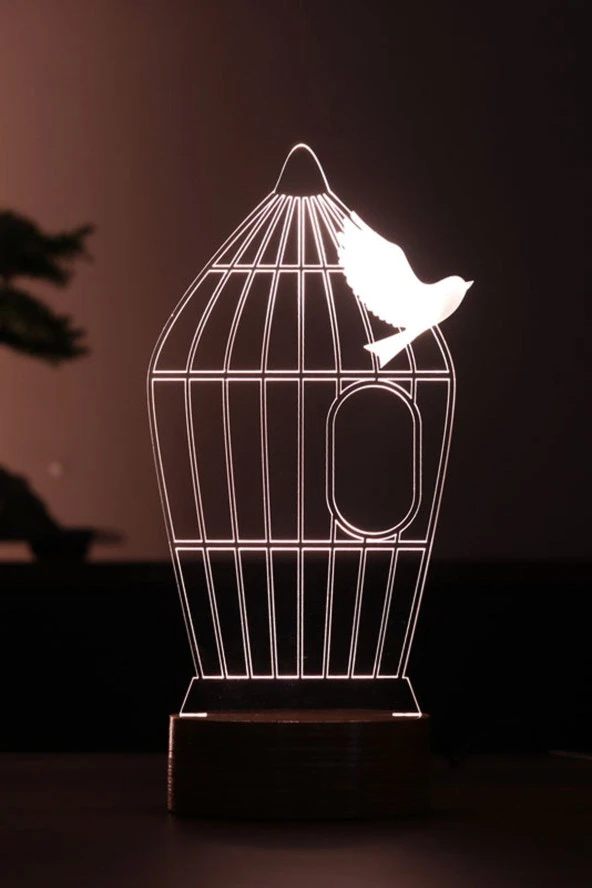 BY-LAMP Kuş Kafesi Masa Lambası Ahşap Taban 7 Farklı Işık Renkli Gece Lambası Hediye Dekoratif Aydınlatma