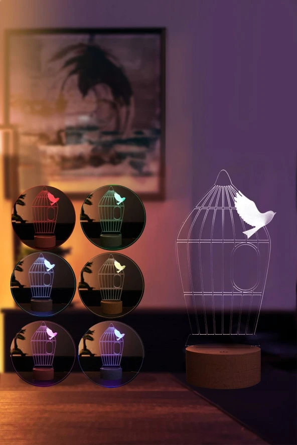BY-LAMP Kuş Kafesi Masa Lambası Ahşap Taban 7 Farklı Işık Renkli Gece Lambası Hediye Dekoratif Aydınlatma - 2