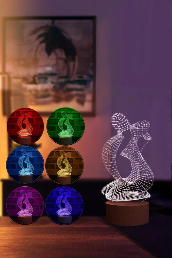 BY-LAMP Sevgililer Figürlü Dekoratif Hediye Led Masa Lambası | 7 Işık Rengi | Ahşap Taban - Resim 2