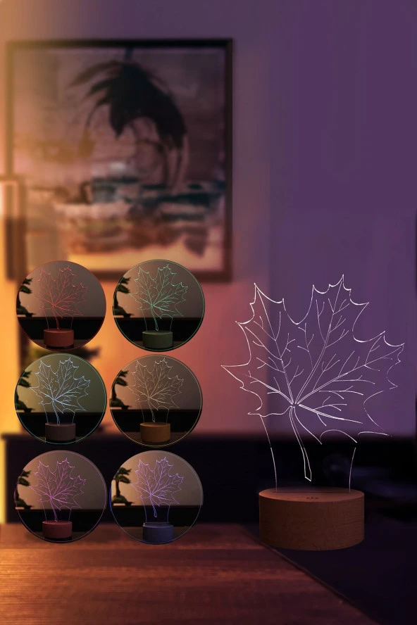 BY-LAMP Çınar Yaprağı Figürlü Dekoratif Hediye Led Masa Lambası | 7 Işık Rengi | Ahşap Taban - 2
