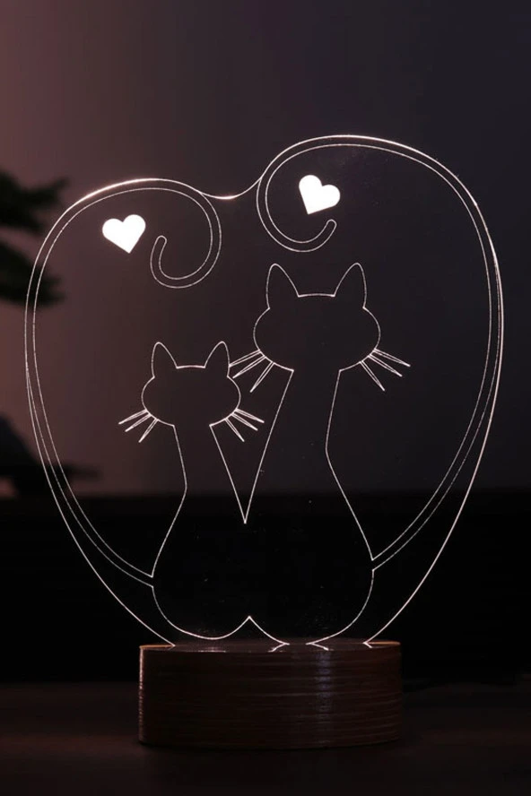 BY-LAMP Kediler Led Masa Lambası Ahşap Taban 7 Farklı Işık Renkli Gece Lambası Hediye Dekoratif Aydınlatma