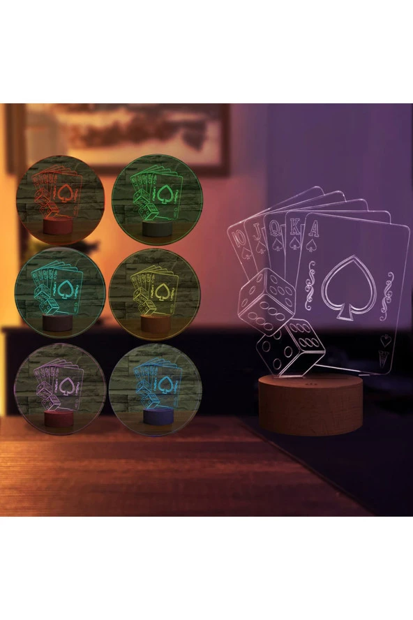 BY-LAMP Poker Figürlü Dekoratif Hediye Led Masa Lambası | 7 Işık Rengi | Ahşap Taban - Resim 2