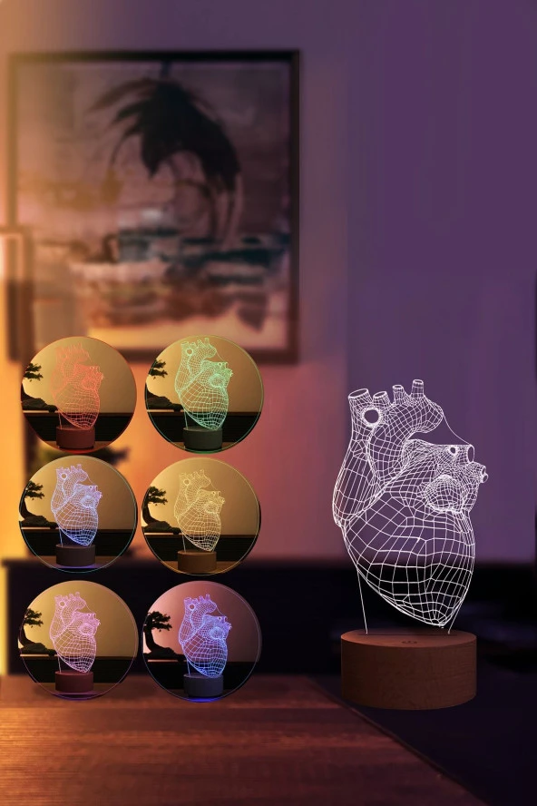 BY-LAMP Canlı Kalp Figürlü Dekoratif Hediye Led Masa Lambası | 7 Işık Rengi | Ahşap Taban - Resim 2