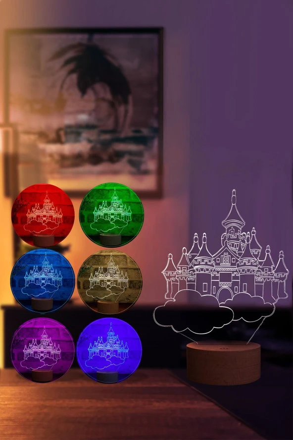 BY-LAMP Uçan Şato Figürlü Dekoratif Hediye Led Masa Lambası | 7 Işık Rengi | Ahşap Taban - 2