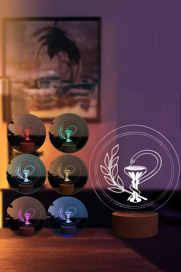 BY-LAMP Eczane Logo Figürlü Dekoratif Hediye Led Masa Lambası | 7 Işık Rengi | Ahşap Taban - Resim 2