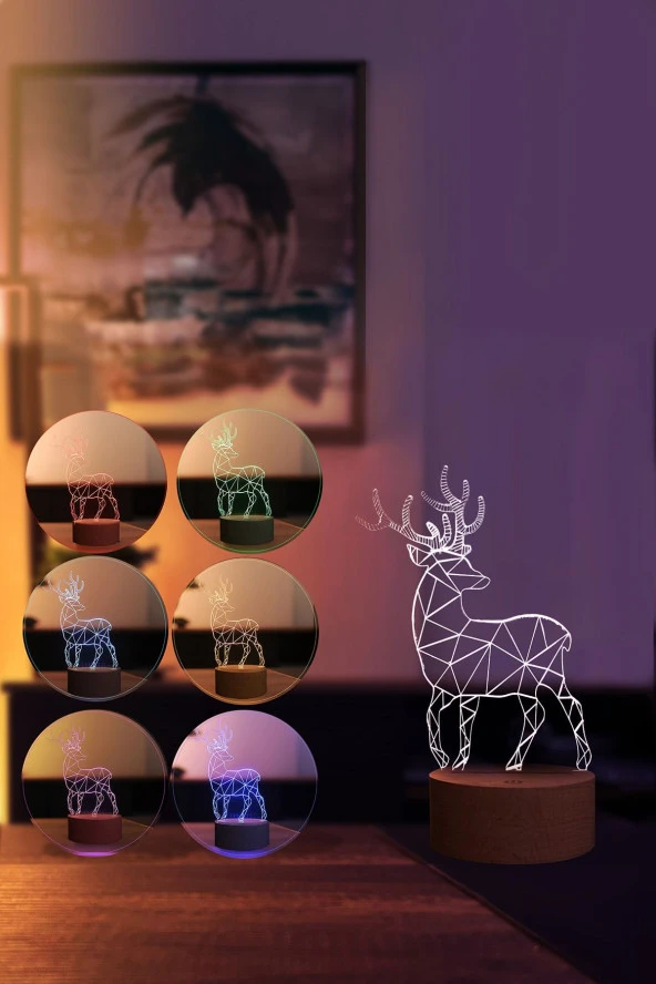 BY-LAMP Geyik Gece Lambası Ahşap Taban 7 Farklı Işık Renkli Hediye Dekoratif Aydınlatma - Resim 2