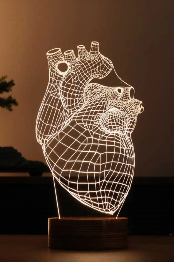BY-LAMP Canlı Kalp Figürlü Dekoratif Hediye Led Masa Lambası | 7 Işık Rengi | Ahşap Taban