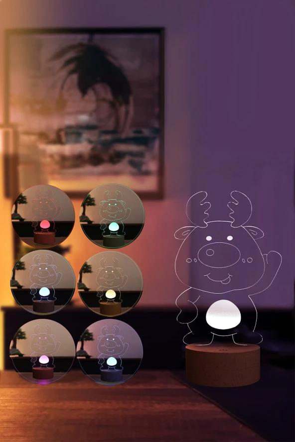 BY-LAMP Sevimli Geyik Figürlü Dekoratif Hediye Led Masa Lambası | 7 Işık Rengi | Ahşap Taban - Resim 2