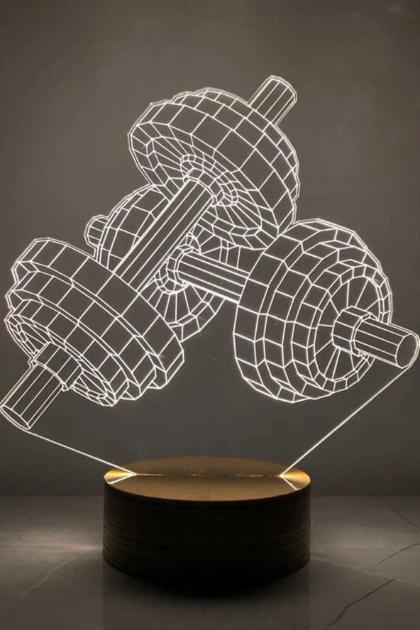 BY-LAMP Dumbell Figürlü Dekoratif Hediye Led Masa Lambası | 7 Işık Rengi | Ahşap Taban ürün görseli 1