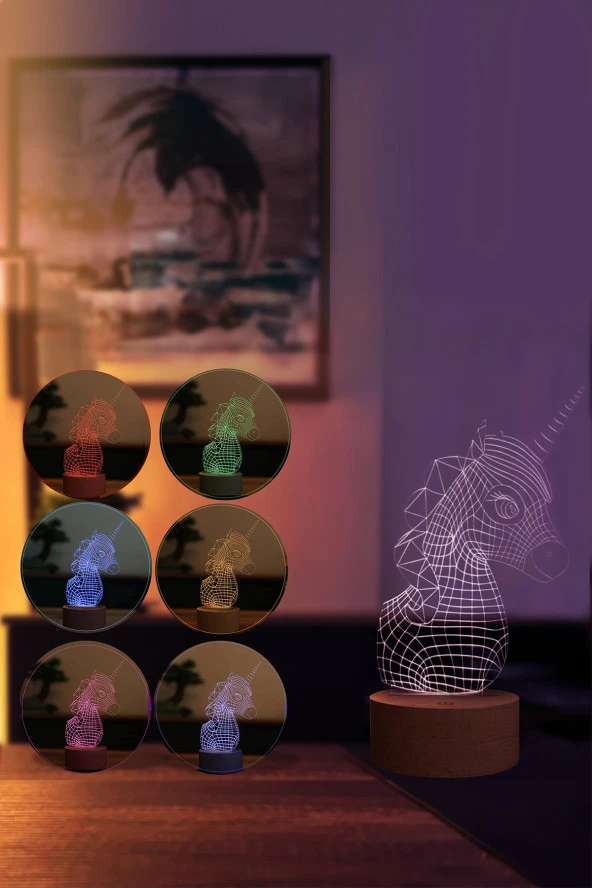 BY-LAMP Unicorn Figürlü Dekoratif Hediye Led Masa Lambası | 7 Işık Rengi | Ahşap Taban - Resim 2