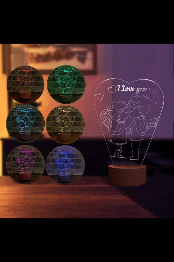 BY-LAMP Aşık Çift Led Masa Lambası Ahşap Taban 7 Farklı Işık Renkli Sevgiliye Hediye Dekoratif Aydınlatma - Resim 2
