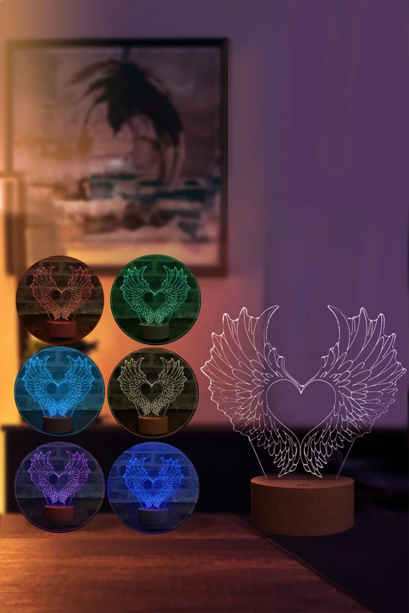 BY-LAMP Kanatlar Led Masa Lambası Ahşap Taban 7 Farklı Işık Renkli Gece Lambası Hediye Dekoratif Aydınlatma - Resim 2